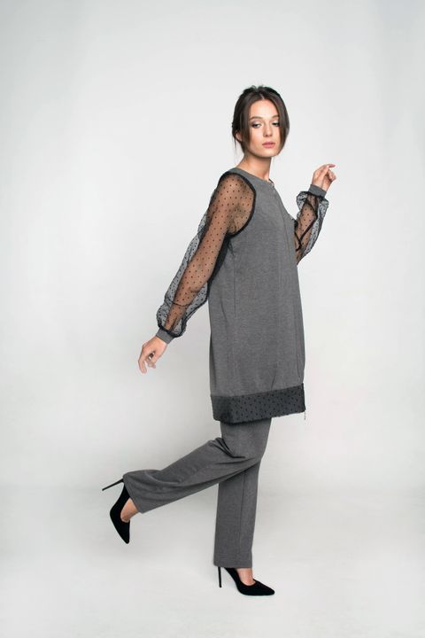 Knitted tunic with organza sleeve Ganveri gray